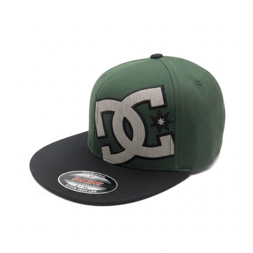 DC Shoes Mens Flexfit Hat Green Black Flat Brim Logo Baseball Cap L/XL New